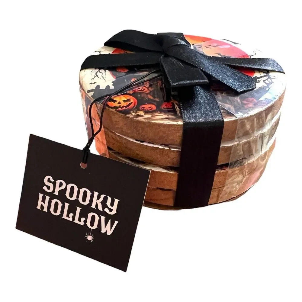 Spooky Hollow Set Of 4 Halloween Haunted House Wood Coasters New With Tag